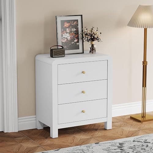 RoyalCraft 3 Drawer Dresser, Modern Chest of Drawers with Rounded Table Corners, Wooden Closet Dresser Nightstand Side Table with Ample Storage Space for Bedroom, Living Room, Entryway, White - White thumbnail 4