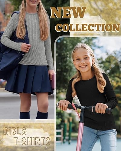 LessonZoo 3 Pack Girls Long Sleeve Shirts Ribbed Knit Cotton Layering Tops Slim Fit Crewneck Casual Undershirts thumbnail 2
