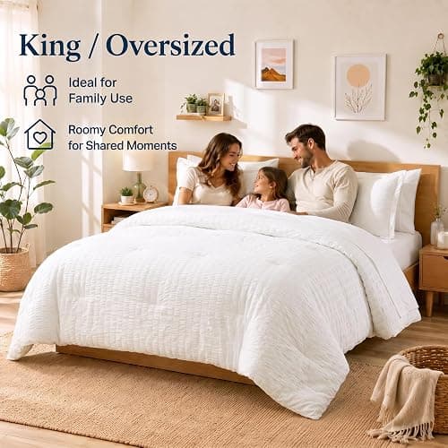 CozyLux Oversized Queen Comforter Set, 7-Piece White Seersucker, 98 x 98 in | OEKO-TEX Certified All Season Bed in a Bag with 240 GSM Down Alternative Comforter, Flat & Fitted Sheets, Pillowcases & Shams thumbnail 7