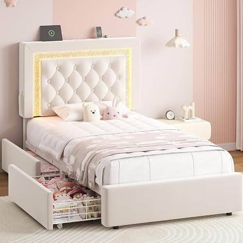 Twin Bed Frame with Storage Drawers and LED Lights, Velvet Upholstered Platform Bed with Diamond Headboard and Charging Station for Kids/Girls, Solid Wood Slats Support, No Box Spring Needed, Beige - Image 1