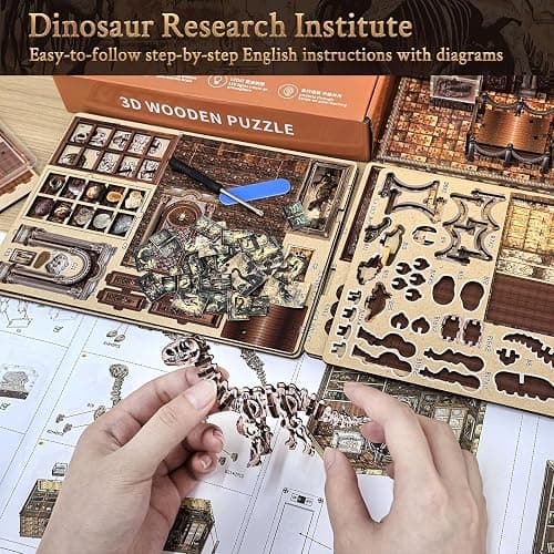 FLYINTOYS Book Nook Kit, DIY Miniature Dollhouse Booknook Kit for Adults and Teens, 3D Wooden Puzzle Bookshelf Crafts Kits with LED Light for Family and Friends (Dinosaur Research Institute) thumbnail 7