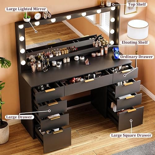 ALEXNUTRE Vanity Desk with Large Mirror and Lights, 45.3in Makeup Vanity with Power Outlet 9 Drawers & Storage, 3 Lighting Color Adjustable, Black thumbnail 3
