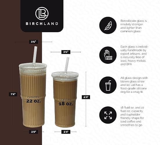 Birchland All Glass Iced Coffee Cup with Lid and Straw, Ribbed Glass Tumbler Set of 2 (22 oz ribbed) thumbnail 3