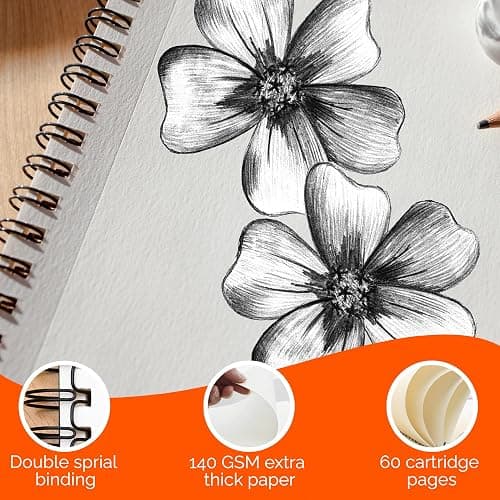 iTrend A4 Artist Sketch Book - Spiral Sketchbook - White Cartridge Art Drawing Paper - A4 60 Pages Sketch Pad - 140GSM Cartridge Paper - 21 x 29.5cm thumbnail 2