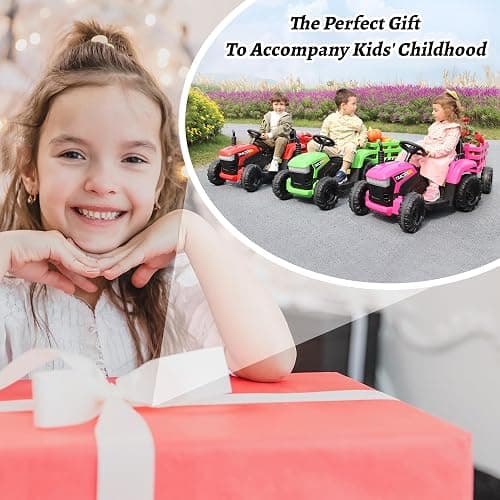 TOBBI Kids Electric Ride On Toy Tractor, Toddlers 12V Battery-Powered Car to Drive, 35W Dual Motor 6-Wheels Trailer Vehicle with 3-Speeds/LED & Horn Functions for Chirdren Aged 3-8-Pink thumbnail 8