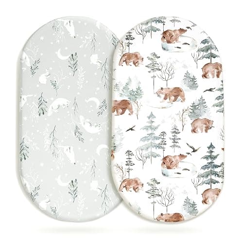 Stretchy Bassinet Mattress Sheets, Ultra Soft Bassinet Sheet 2 Pack, Universal Fitted for Oval Hourglass Rectangular Bassinet Mattress Pad Safe and Snug, Stylish Pattren of Bear and Wolf Print - Image 1