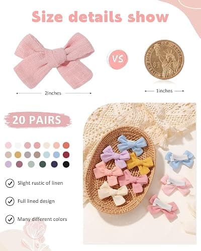 jollybows Mini Lined Hair Clips Bows for Babies, Infants, Toddlers, Girls and Teens - 40pcs 2" Tiny Barrettes - Shape A-20 colors thumbnail 2