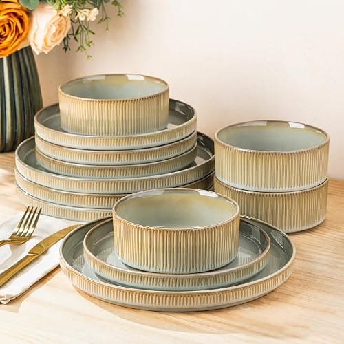 LERATIO Dinnerware sets for 4,12 Piece Stoneware Plates and Bowls sets | Handmade Reactive Glaze Dish Set,Lightweight & Scratch Resistant,Oven & Microwave & Dishwasher Safe-Pale Sage - Image 1