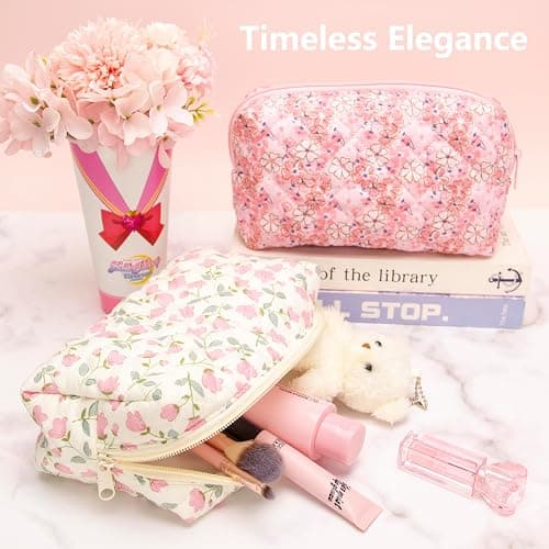 PAZIMIIK Vintage Quilted Makeup Bag Cosmetic Pouch for Brushes Pencils and Travel Make Up Accessories for Women and Girls Flower White thumbnail 3