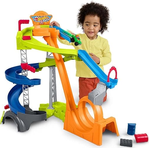 Fisher-Price Little People Toddler Toy Hot Wheels Spiral Stunt Speedway Race Track Playset with 2 Cars for Pretend Play Kids Ages 18+ Months - Image 1
