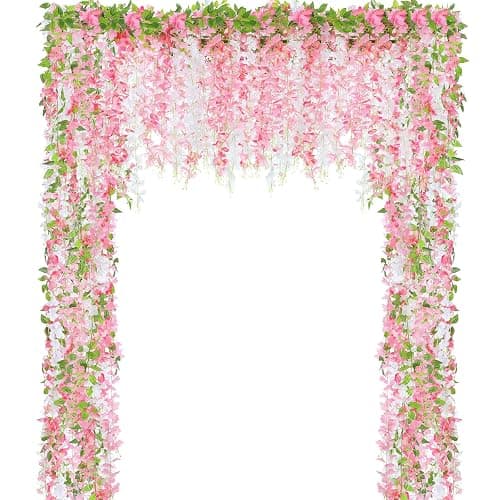 Thiccywoov 4pcs Wisteria Artificial Flowers Garland, 7.2Ft/Piece Wisteria Hanging Flowers Garland for Wedding Arch Decoration Outdoor Ceremony Home Backdrop Garden (Pink,Dark Pink,White) - Image 1