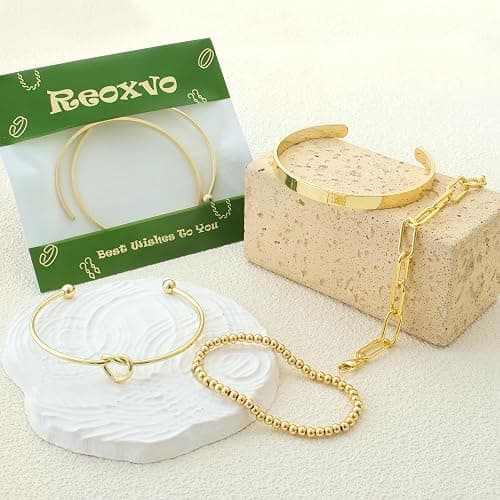 Reoxvo Gold Plated Bangle Cuff Bracelets for Women Non Tarnish Gold Bracelet Stack Jewelry Set for Women Trendy thumbnail 6