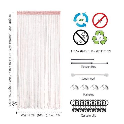 Atsweetlife Door String Curtain Doorway Beads Curtains,Hanging Room Divider Beaded Decor Hippie Glitter Fringe Panel Closet Window Doors Sequin Sheer Boho Doors Tassel (Pink) thumbnail 3