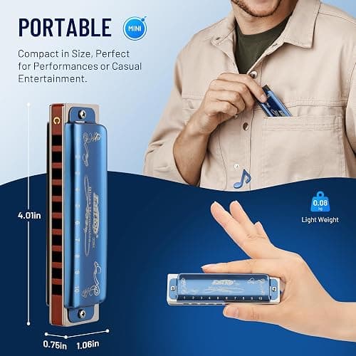 East Top Harmonica in C,10 Holes Mouth Organ Diatonic Harmonica C Key with Blue Case, T008K Standard Harmonicas For Adults, professionals, beginners and students thumbnail 4