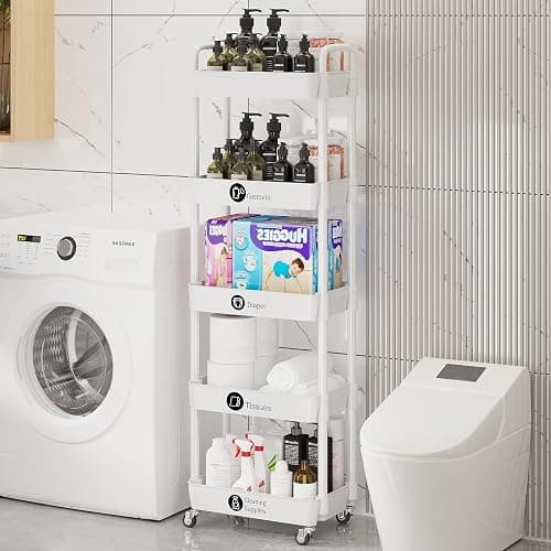 Laiensia 5-Tier Rolling Cart with Wheels,Multifunction Utility Storage Carts, Kitchen Storage Organizer,Mobile Shelving Unit for Bathroom,Laundry,with Classified Stickers,White thumbnail 2