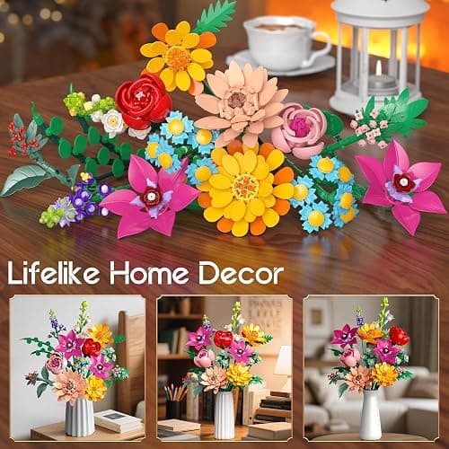 Anvure Flowers Bouquet Building Set, 887 Pcs with Flower Artificial Roses for Home Office Decoration, Gift for Mother's Day, Valentine's Day and Kids 6+/Adults Birthday thumbnail 6
