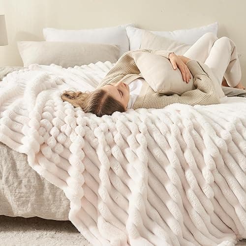 NEWCOSPLAY Super Soft Throw Blanket Ivory Premium Silky Flannel Fleece 3D Ribbed Jacquard Lightweight Bed Blanket All Season Use (Ivory Ribbed, Throw(50"x60")) thumbnail 6