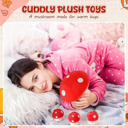 Fanfanwin 5 Pcs Mushroom Plush Pillow, 12 Inch 1 Large Mushroom Plush Pillow with 4 Small Stuffed Animals Hugging Room Decor Gift for Valentine thumbnail 4