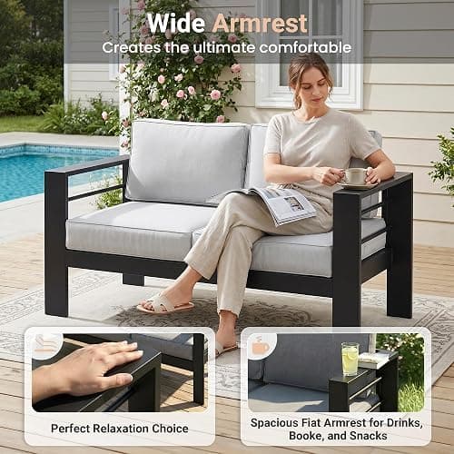 Solaste Aluminum Outdoor Couch, 3-Seat Metal Outdoor Sofa with Water-Resistant Cushion, Weather-Resistant Modern Patio Sofa, Black Frame Grey Cushion thumbnail 5