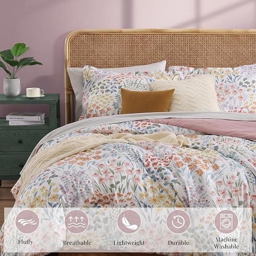 CASAAGUSTO Full Comforter Set, 7 PCS Pinkish Floral Comforter Set with Flowers Leaves Pattern, Soft Seersucker Design All Season Full Size Bedding Set(80"X90") thumbnail 6