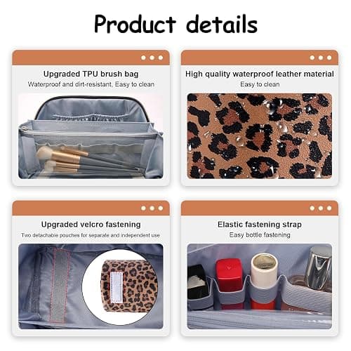 BOYATU Travel Makeup Bag for Women: 3 Pcs Set Portable Make up Bags with Handle - Leopard Print Cosmetic Bags with Comparments - Waterproof Vegan Leather Toiletry Bag (01-A-Brown) thumbnail 5