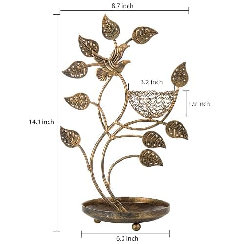 MyGift 14-Inch Bronze-Tone Tree & Bird Nest Earring Stand Jewelry Tower with Ring Trinket Organizing Tray thumbnail 3