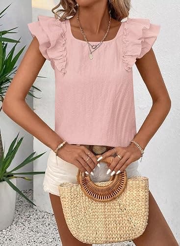 Falechay Womens Bow Tie Back Tops Round Neck Ruffle Short Sleeve Shirts Cute Babydoll Chiffon Tee Women Summer Trendy Tunic thumbnail 6