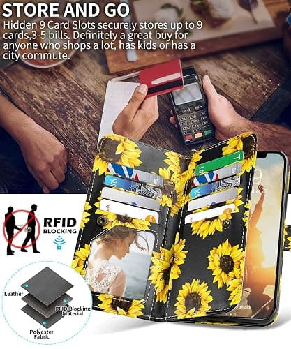 CASEOWL Compatible for iPhone 13 Pro Wallet Case for Women, Detachable Floral Leather Flip Wallet Phone Case with 9 Card Holder[RFID Blocking], Wristlet, Full Body Protective Case (Sunflower) thumbnail 2