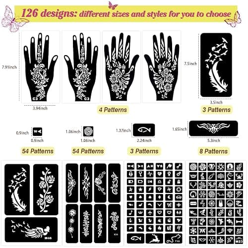 126 PCS Temporary Tattoos Stencils Kit,Temporary Tattoos Kit - 6 Pcs Tattoo Cones 2 Color (Brown Black) with Gloves,DIY Body Art Skin Painting Designs for Women Men Adults Kids thumbnail 7
