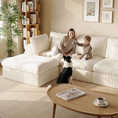 Comkei 116” Boneless Sectional Couch Modular Cloud Sofa with Ottoman for Living Room Deep Seat Corduroy Couches for Apartment Warm White thumbnail 5