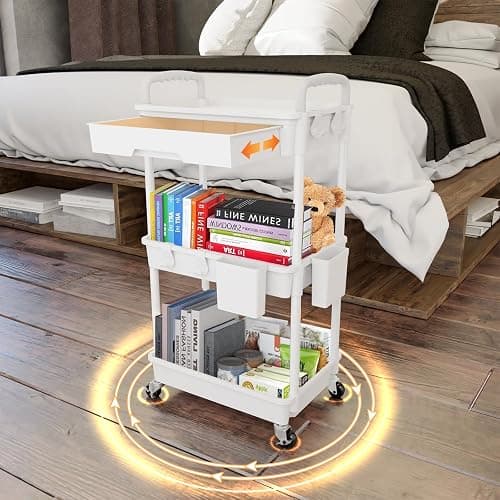 3 Tier Rolling Utility Cart with Drawer,REBECAT Utility Cart Made of Multifunctional Storage Organizer Tool for Kitchen,Bathroom,Living Room,Office(White) thumbnail 2