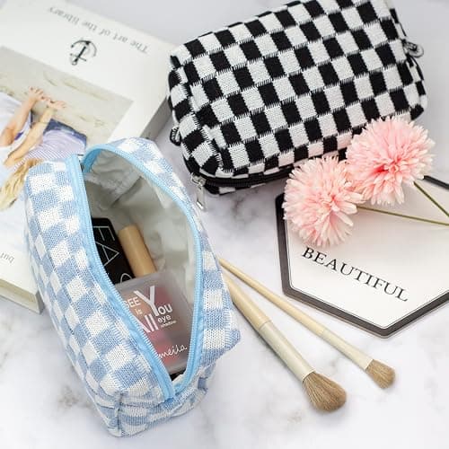PAZIMIIK Checkered Makeup Bag for Purse Portable Zipper Make Up Pouch Small Cosmetic Case for Travel Accessories (Blue) - Blue thumbnail 2