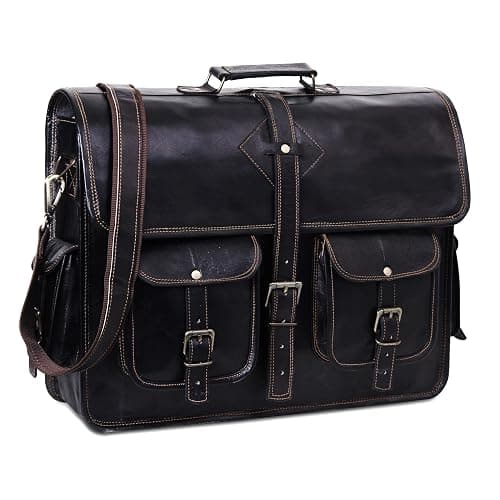 HULSH Black Leather Messenger Bag for Men and Women 18 Inch | Handmade Vintage Genuine Leather Laptop Bag for Men | Best Leather Briefcase Satchel Computer Crossbody Shoulder Bag for Work Office Use thumbnail 3