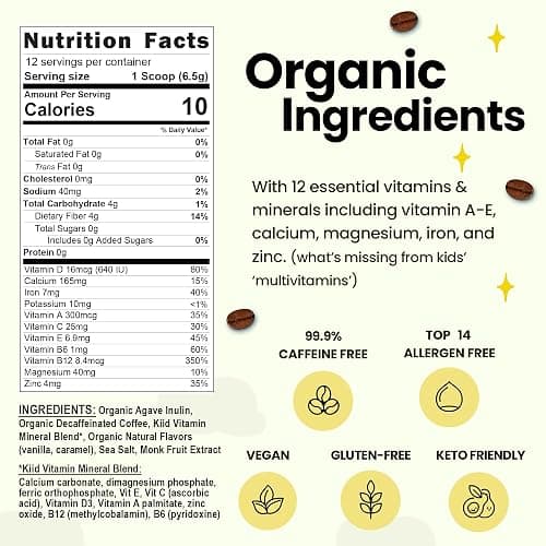 Kiid Coffee - 99.9% Caffeine-Free Organic Coffee for Kids - As Seen on Shark Tank - 12 Vitamins & Minerals, 4g Prebiotics, 0g Sugar - Non-GMO & Gluten-Free - Healthy Snack - Caramel - 12 Servings thumbnail 2