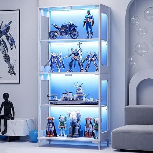 Display Cabinet with Glass Doors, 4-Tier, RGB Lights, Adjustable Shelves | Tempered glass doors; 2 adjustable shelves; app/remote RGB lighting; for collectibles, figures, trophies & books; white. - Image 1