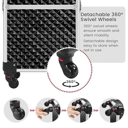 Yaheetech Rolling Makeup Train Case 3 in 1 Cosmetic Case Large Capacity Organizer with Swivel Wheels Key Cosmetic Trolley for Nail Tech Makeup - Black thumbnail 8