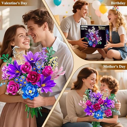 CUBIMANA Flowers Bouquet Building Set with LED Light, 21 Flower Botanical Collection Building Block Toy, Rose Lily Home Plant Decor 1054PCS for Her Adults Women Kids Girls 12+ (Purple) thumbnail 7
