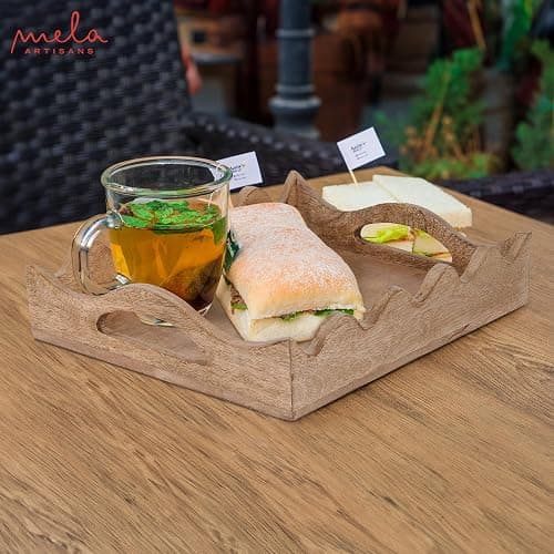 Mela Artisans Ottoman Wooden Serving Tray | Medium, Scallop White Burnt | Decorative Mango Wood | Serve Breakfast, Other Foods, Coffee and Tea | Rustic Home Decor | 14" x 10” x 2.5” thumbnail 5