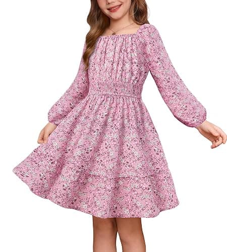 GRACE KARIN Girls Fall Dress Floral Long Sleeve Midi with Smocked Waist for Holiday Party 6-14Y - Image 1