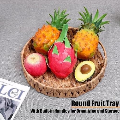 Round Woven Coffee Table Ottoman Tray with Handles - 11.8" x 1.9" Water Hyacinth Wicker Serving Tray, Decorative Storage Basket for Home & Kitchen. thumbnail 5