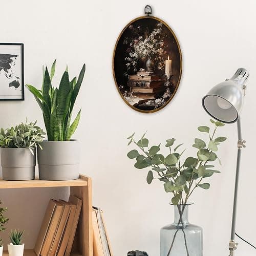 XPH Vintage Floral Book Oval Wall Art Framed, Book Lovers Gifts Oval Wall Decor, Dark Academia Flower Bookish Hanging Canvas Prints for Library Reading Nook Corner Room Decoration, 8.6x11.4 Inch thumbnail 5