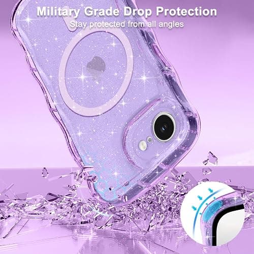 Pepmune Magnetic for iPhone 17e/16e Case Clear, Sparkly Bling Glitter Cute Curly Wave Transparent Cover for Women Girls Compatible with MagSafe TPU Shockproof Phone Case for iPhone 16e/17e, Purple thumbnail 4