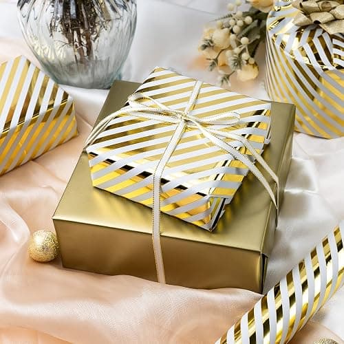 Burymento Platinum Stripe Wrapping Paper, Reversible Gold Gift Wrap for Birthday, Valentines, Mothers day, Graduation, Wedding, Fathers day, Baby Shower, Christmas (17in x 32.8ft) thumbnail 2