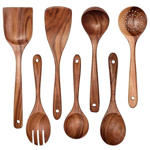 Wooden Non-Stick Kitchen Pan Toolset 7 Pieces Set,100% Natural Teak Kitchen Utensils Spatula, Wooden Cooking Utensils Spoons, Fried Spatula and Salad Fork - Image 1