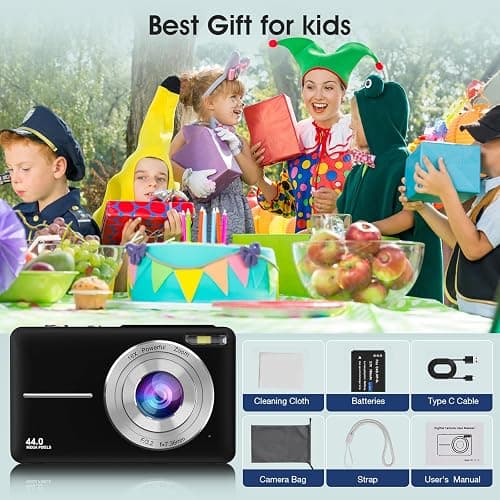 Digital Camera, 1080P FHD 44MP Compact Digital Camera, Compact Vlogging Camera with 2.4" LCD Screen, 16X Digital Zoom, Anti-Shake, Rechargeable, Portable Mini Camera for Kids, Teens, Beginners - Black thumbnail 7