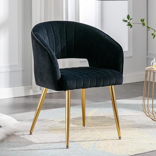 Home Office Chair Velvet Desk Chair Accent Armchair Upholstered Modern Tufted Chairs with Gold Legs for Girls Women Ergonomic Study Seat Computer Task Stools for Living Room(Black) thumbnail 2