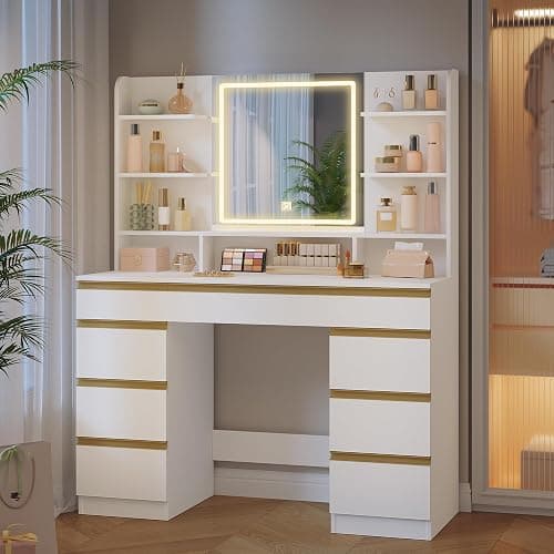 Hzuaneri Grande Coiffeuse avec Éclairage LED, 3 Couleurs, Luminosité Réglable, Miroir, 9 Tiroirs, 9 Étagères Ouvertes, Blanc-Or DT41903X thumbnail 6