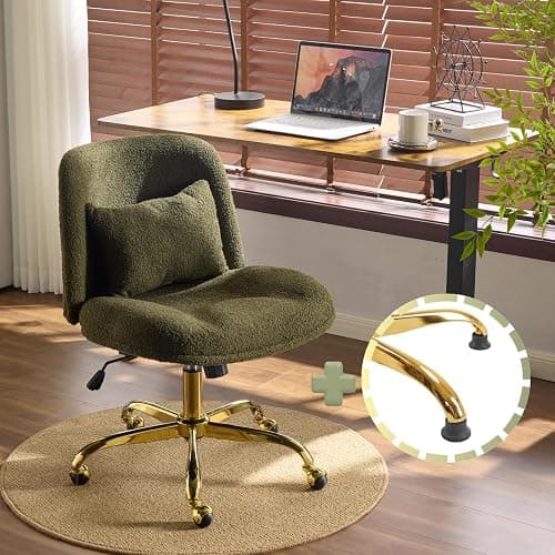VINGLI Wide Criss Cross Legged Office Chair,Buttprint Ergonomic Desk Chair Comfy with Pillow&Gold Base,Dual-Use with/no Wheels,Adjustable Vanity Swivel Chair for Bedroom,Home Office,Teddy Fleece,Green - Image 1