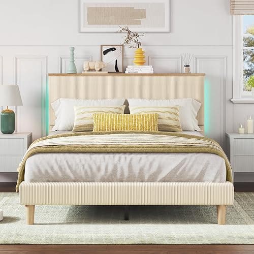 Bestier Queen Bed Frame with Adjustable Headboard & LED Lighting, Corduroy Upholstered Platform Bed Frame with Storage Shelf, Solid Wood Slats, No Box Spring Needed, Never Squeak, Easy Assembly, Beige thumbnail 9