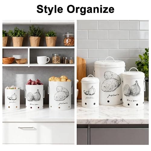 EQEY Kitchen Potato and Onion Storage Bin,Metal Vegetable Storage Bins Set of 3 with Aerating Holes and Lids,Farmhouse Canisters Sets for the Kitchen Countertop (1, Circular) thumbnail 7